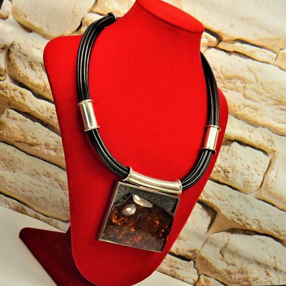 MASSIVE AMBER STERLING PENDANT MULTI LEATHER CORD NECKLACE, GIFT FOR WOMEN - Picture 5 of 11